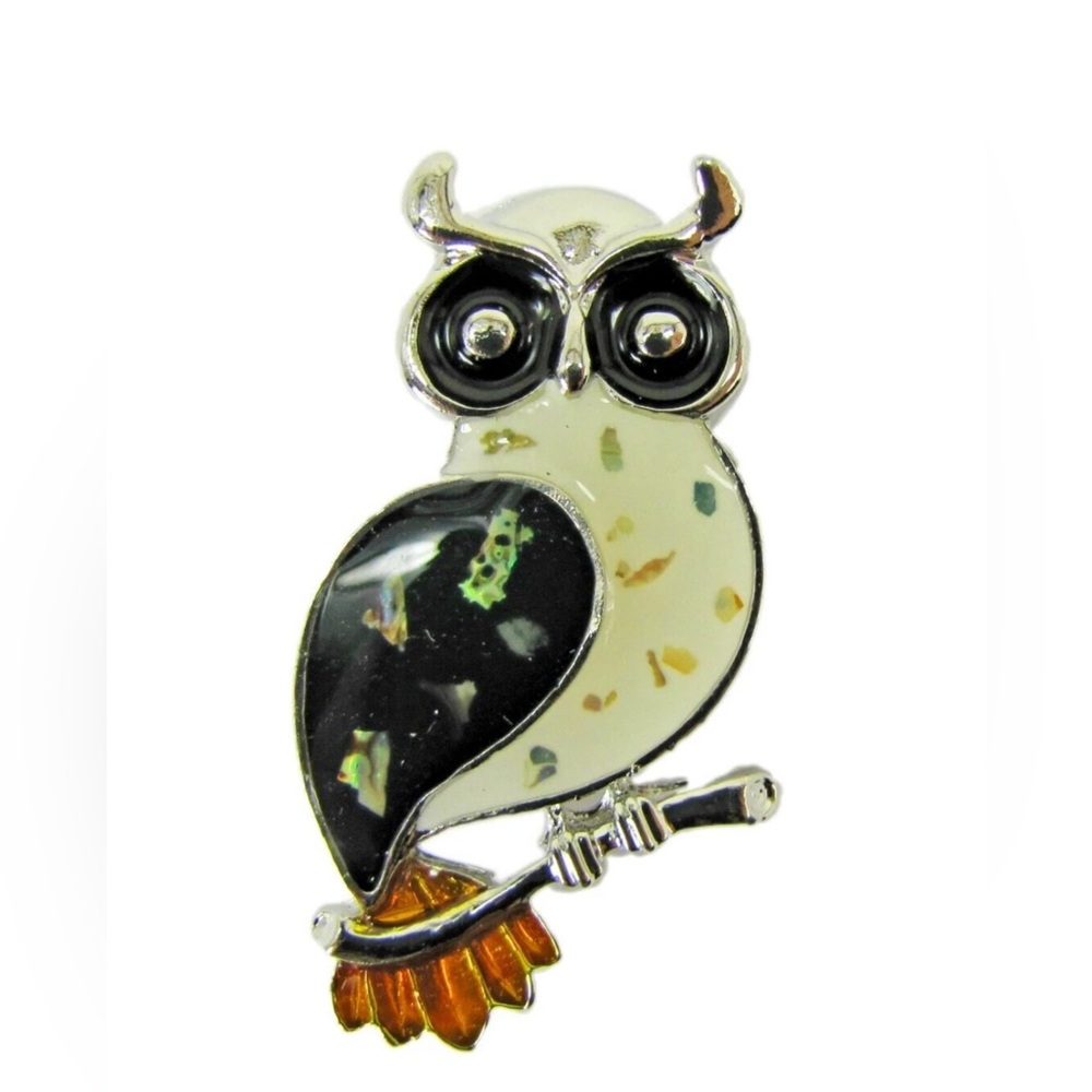 Owl brooch pin in black and white  colors with owl on branch fashion pin